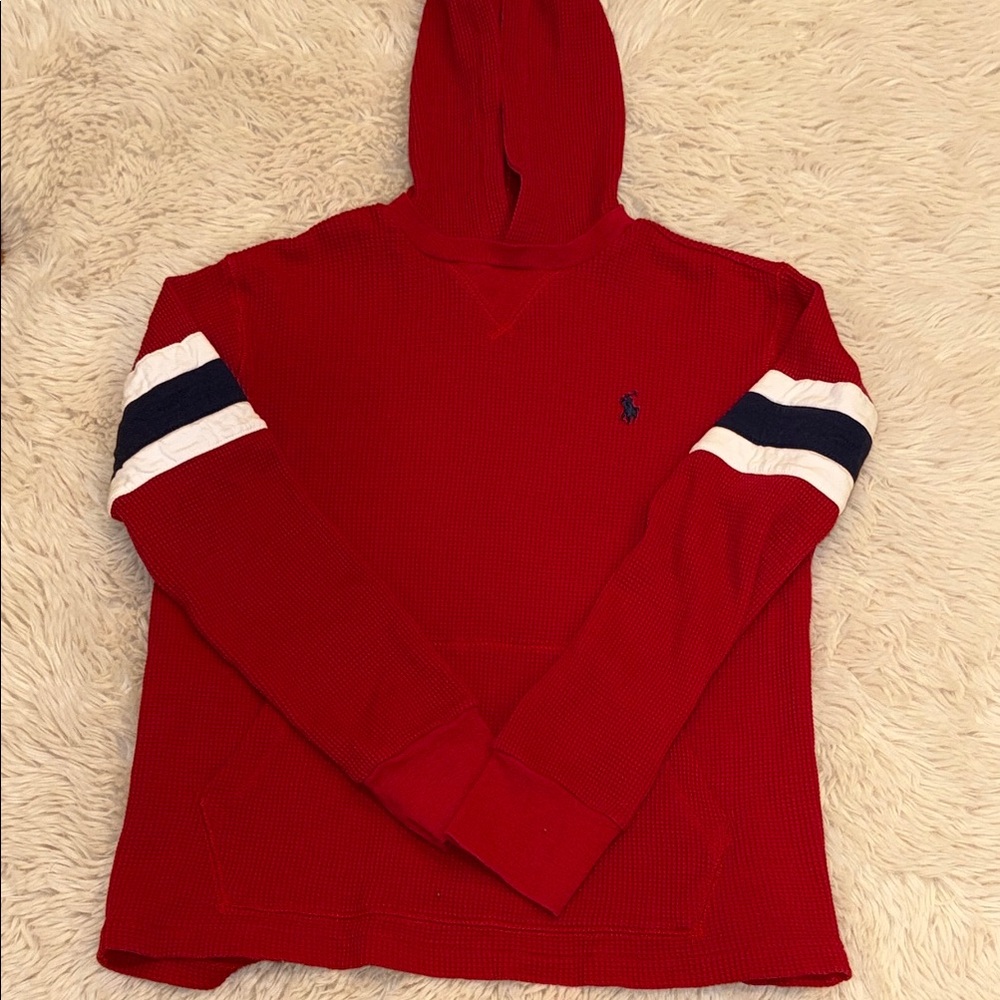 Ralph Lauren Red Hooded shirt with Striped Sleeves Small 8